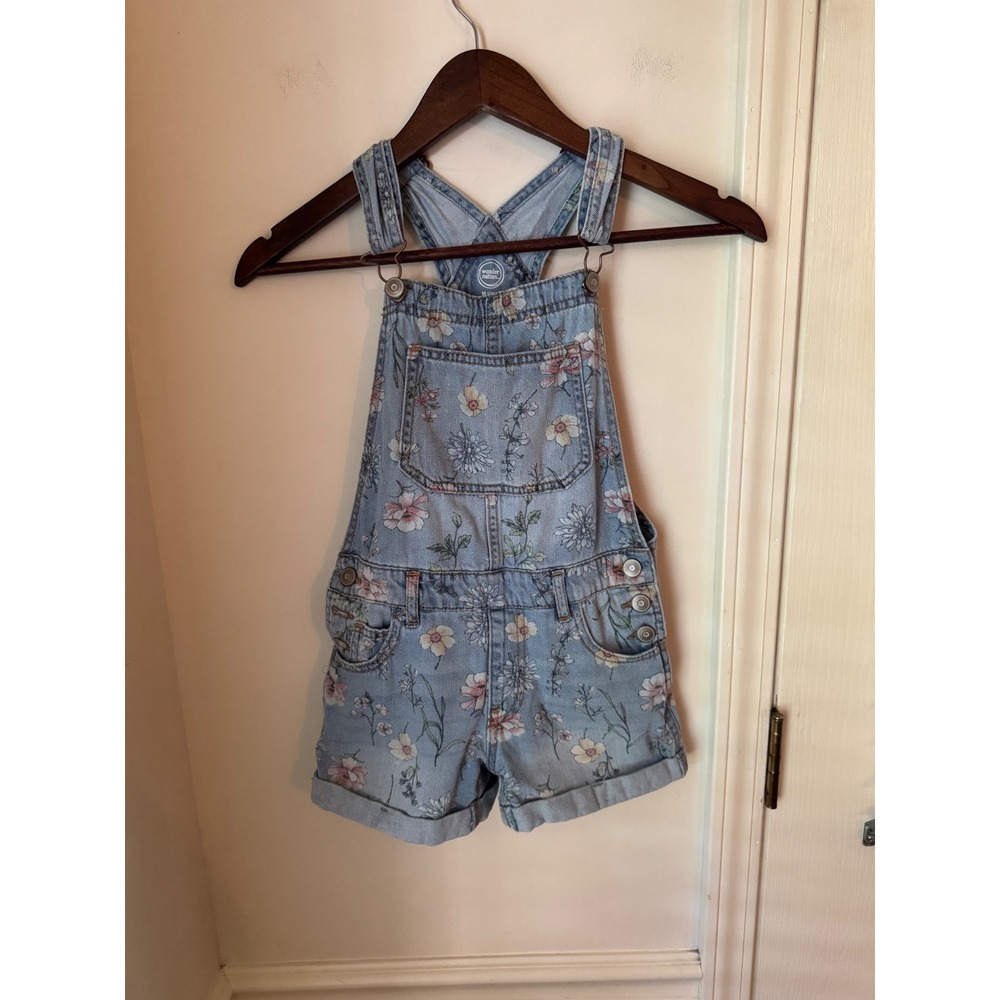 Wonder Nation Girls Floral Denim Shortalls Light Wash Blue Overalls Size M 7-8